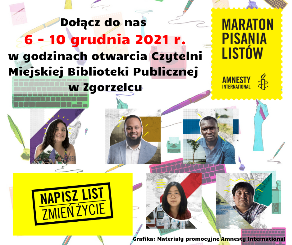 Plakat z informacją: Dołącz do nas w dniach 6-10 grudnia 2021 r., podczas Maratonu Pisania Listów.