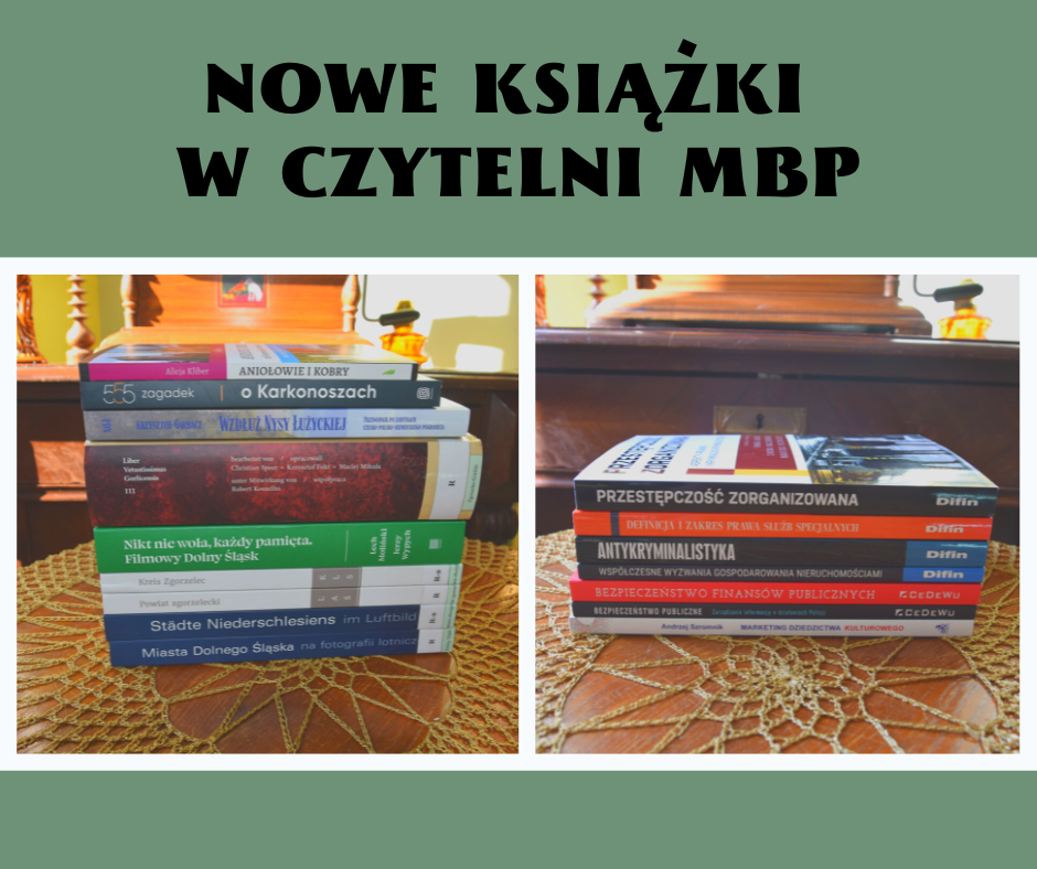 Grafika z napisem „Nowe książki w Czytelni MBP” oraz dwoma zdjęciami grzbietów książek z księgozbioru Czytelni MBP.