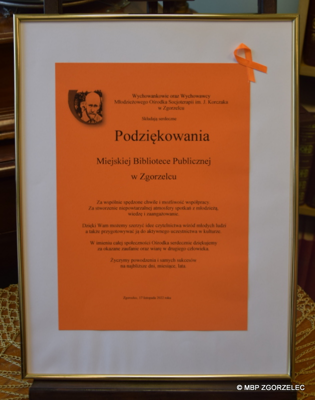 Podziękowania od Wychowanków i Wychowawców Młodzieżowego Ośrodka Socjoterapii im. Janusza Korczaka w Zgorzelcu.