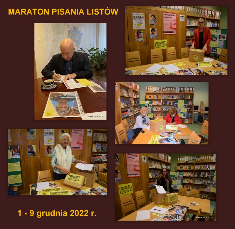 Kolaż zdjęć uczestników Maratonu Pisania Listów oraz napis "Maraton Pisania Listów 1-9 grudnia 2022 r."