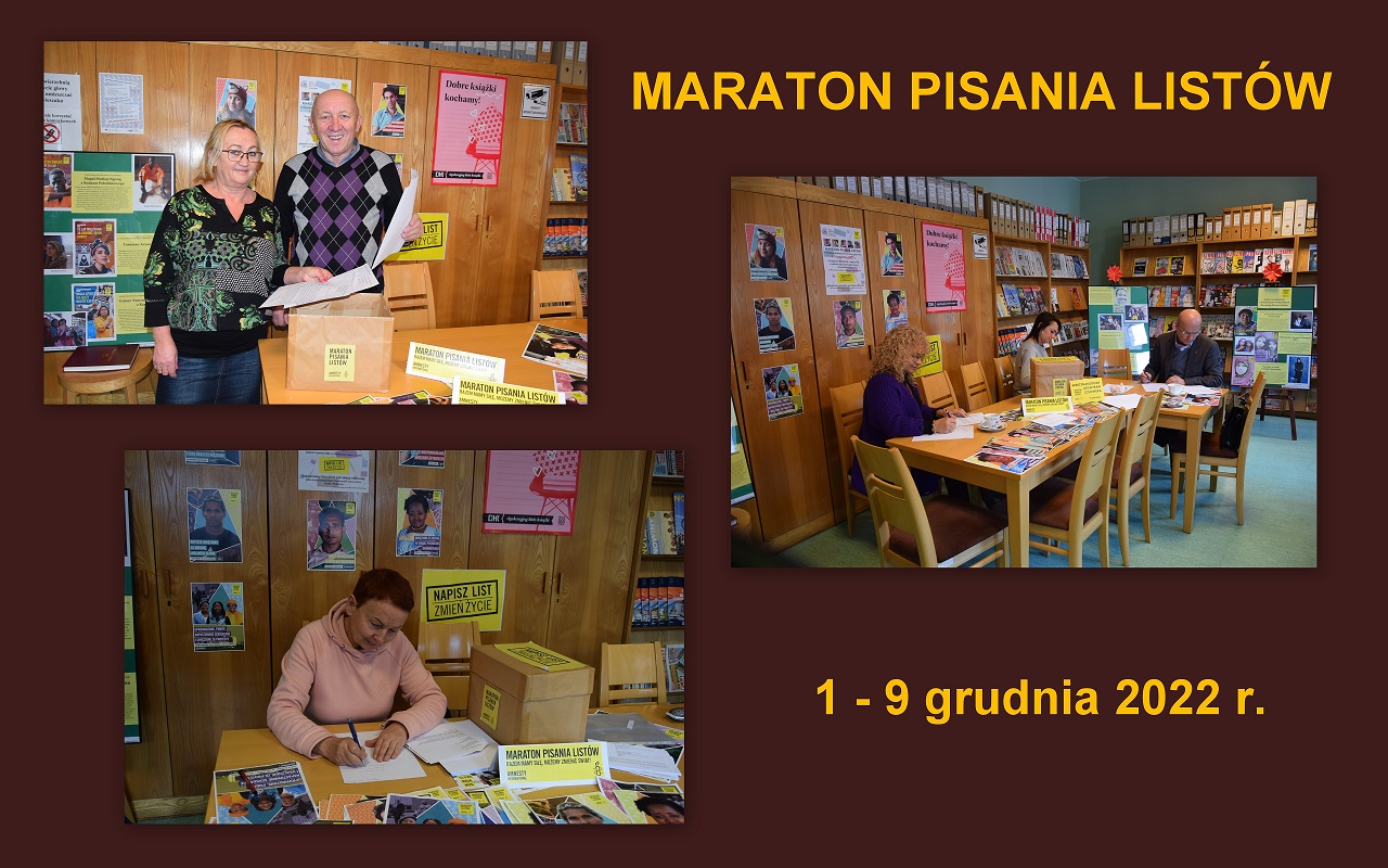 Kolaż zdjęć uczestników Maratonu Pisania Listów w Czytelni MBP.