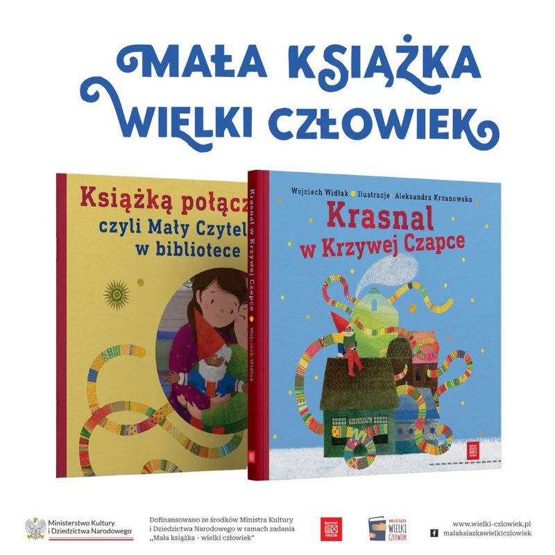 Napis: "Mała Ksiąka Wielki Człowiek" oraz okładki ksiązki i broszurki Wyprawaki Czytelniczej.