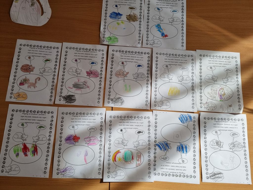 O czym marzą koty, prace wykonane przez dzieci z Przedszkola Mali Odkrywcy.