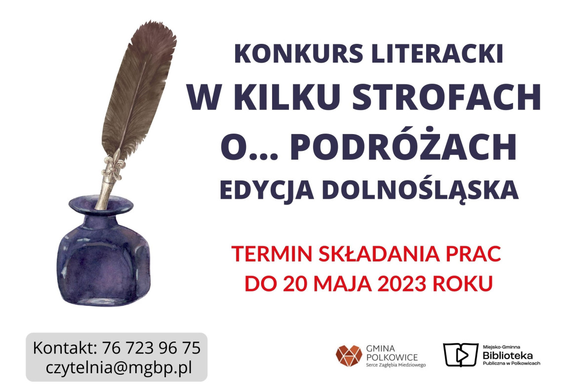 Plakat promujący konkurs literacki „W kilku strofach o… podróżach”.