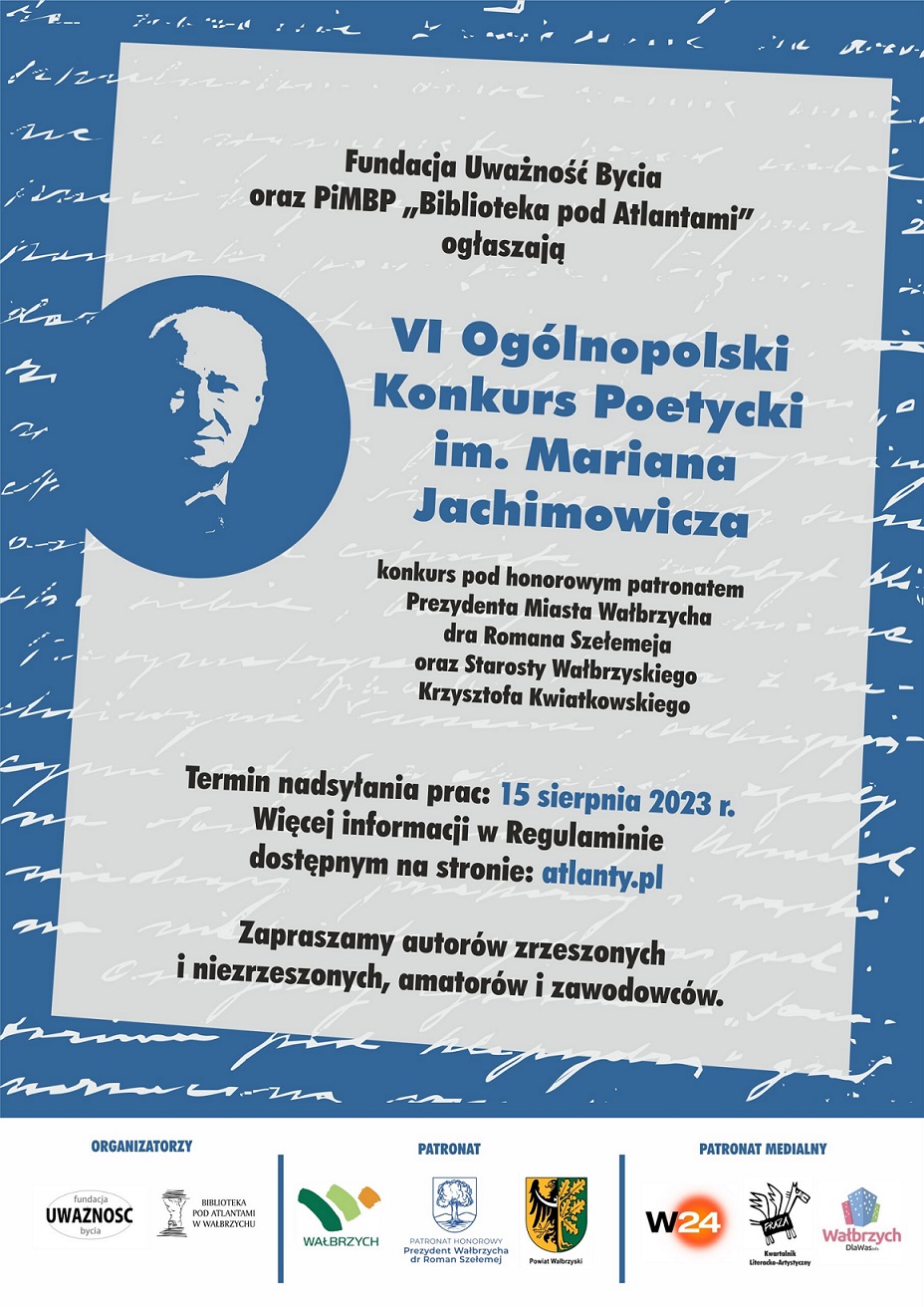 Plakat promujący VI Ogólnopolski Konkurs Poetycki im. Mariana Jachimowicza. Plakat jest odnośnikiem do wpisu o konkursie.