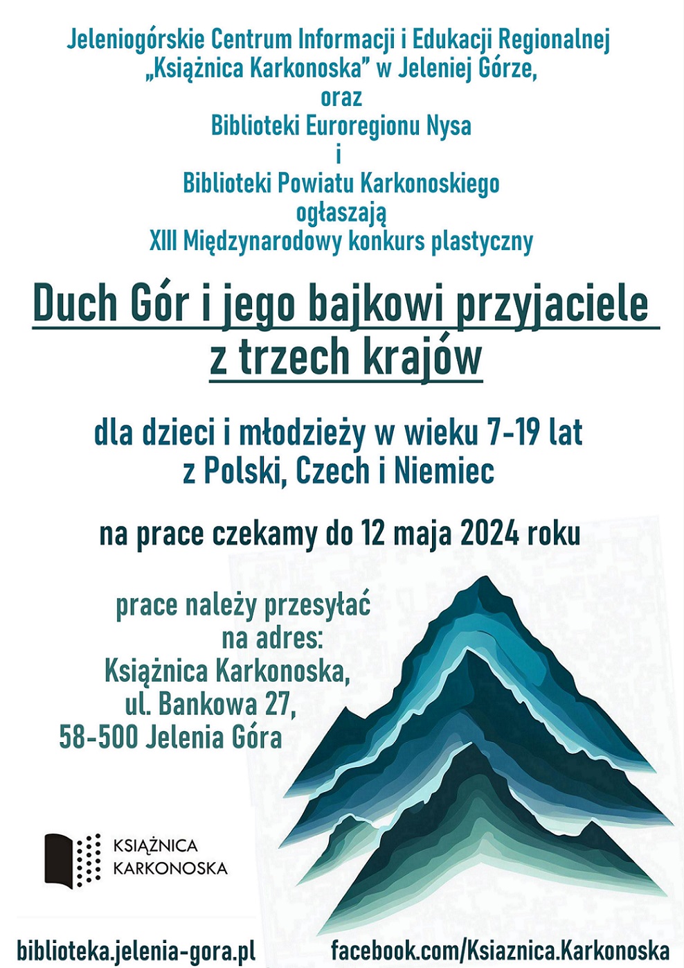 Plakat promujący XIII Międzynarodowy Konkurs Plastyczny dla Dzieci i Młodzieży z Euroregionu Nysa pn. „Duch Gór i jego przyjaciele z trzech krajów”.