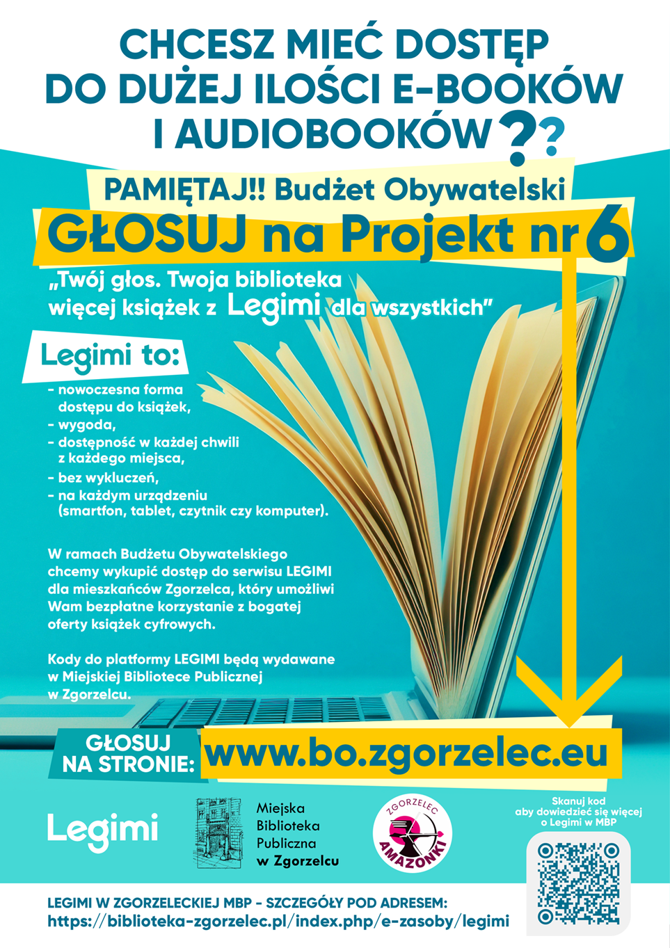 Plakat promujący projekt do Budżetu Obywatelskiego 2025 „TWÓJ GŁOS. TWOJA BIBLIOTEKA – więcej książek z Legimi dla wszystkich” (projekt nr 6). Plakat jest odnośnikiem do wpisu o projekcie do Budżetu Obywatelskiego 2025.