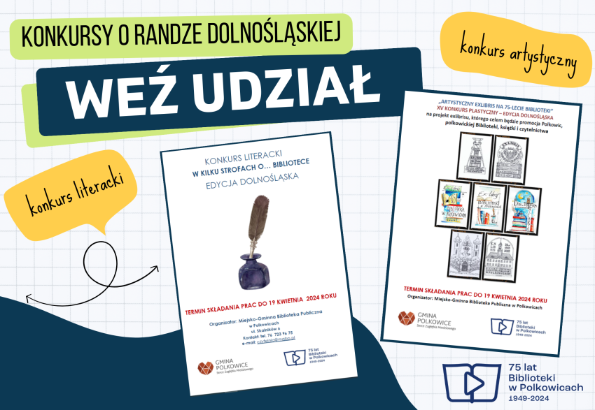 Grafika promująca konkursy organizowane przez Miejsko-Gminną Bibliotekę Publiczną w Polkowicach. Grafika jest odnośnikiem do wpisu 