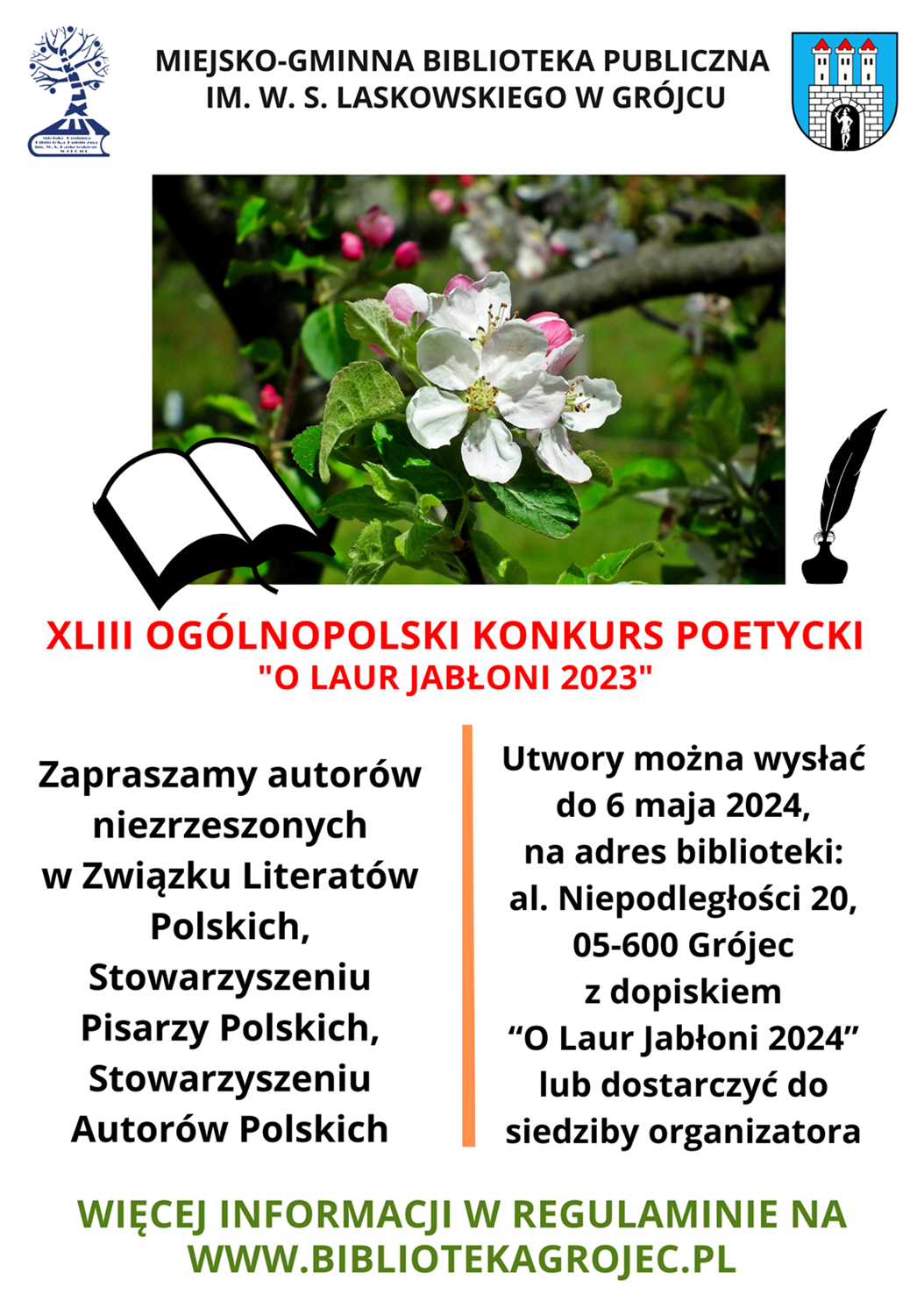 Plakat promujący konkurs poetycki organizowany przez Miejsko-Gminną Bibliotekę Publiczną im. Wacława Skarbimira Laskowskiego w Grójcu.