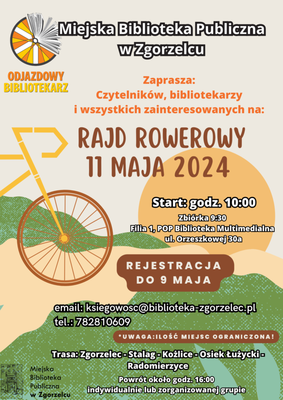 Plakat o jasnych barwach, zapraszający na rajd rowerowy, organizowany przez Miejską Bibliotekę Publiczną w Zgorzelcu