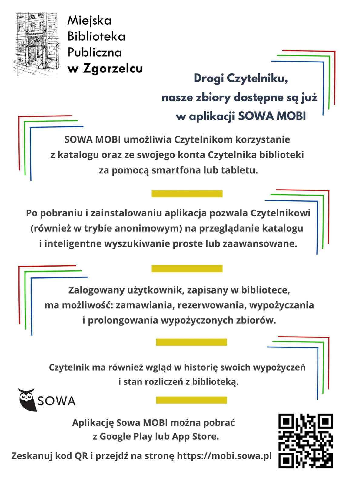 Plakat informacyjny o aplikacji Sowa Mobi. Plakat jest odnośnikiem do wpisu 