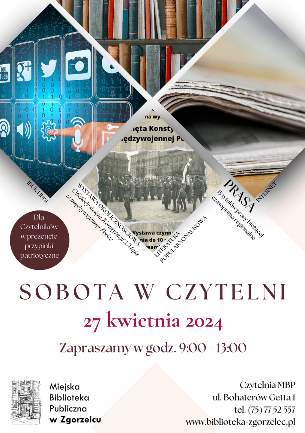 SOBOTA W CZYTELNI. 27 kwietnia 2024. Zapraszamy w godz. 9:00-13:00. Czytelnia MBP, ul. Bohaterów Getta 1.