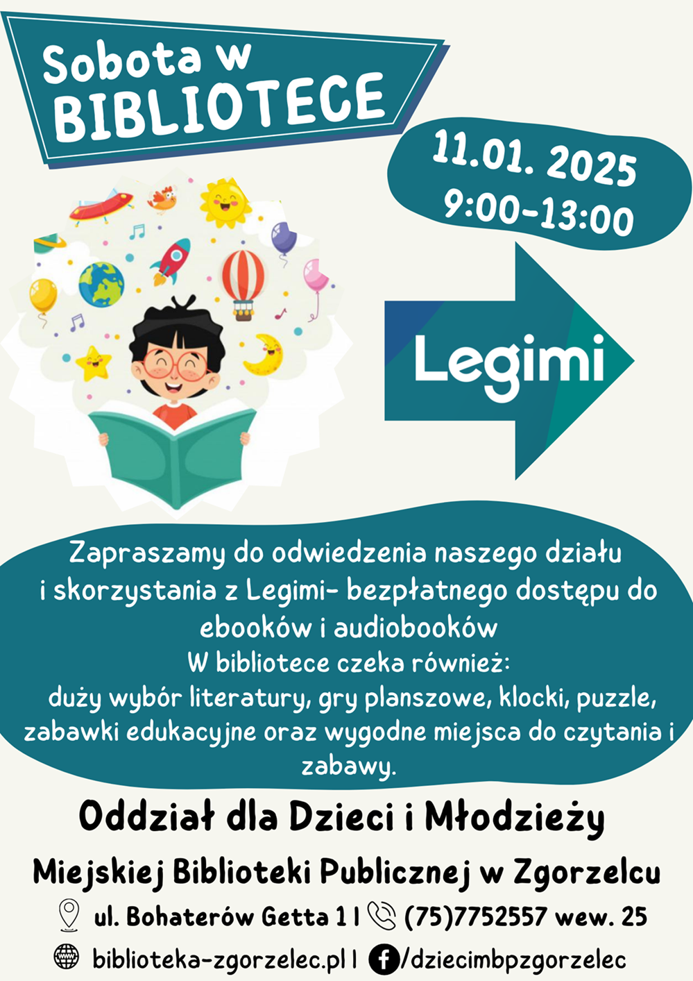 Plakat promujący soboty w Oddziale dla Dzieci i Młodzieży. Zdjęcie jest odnośnikiem do wpisu 
