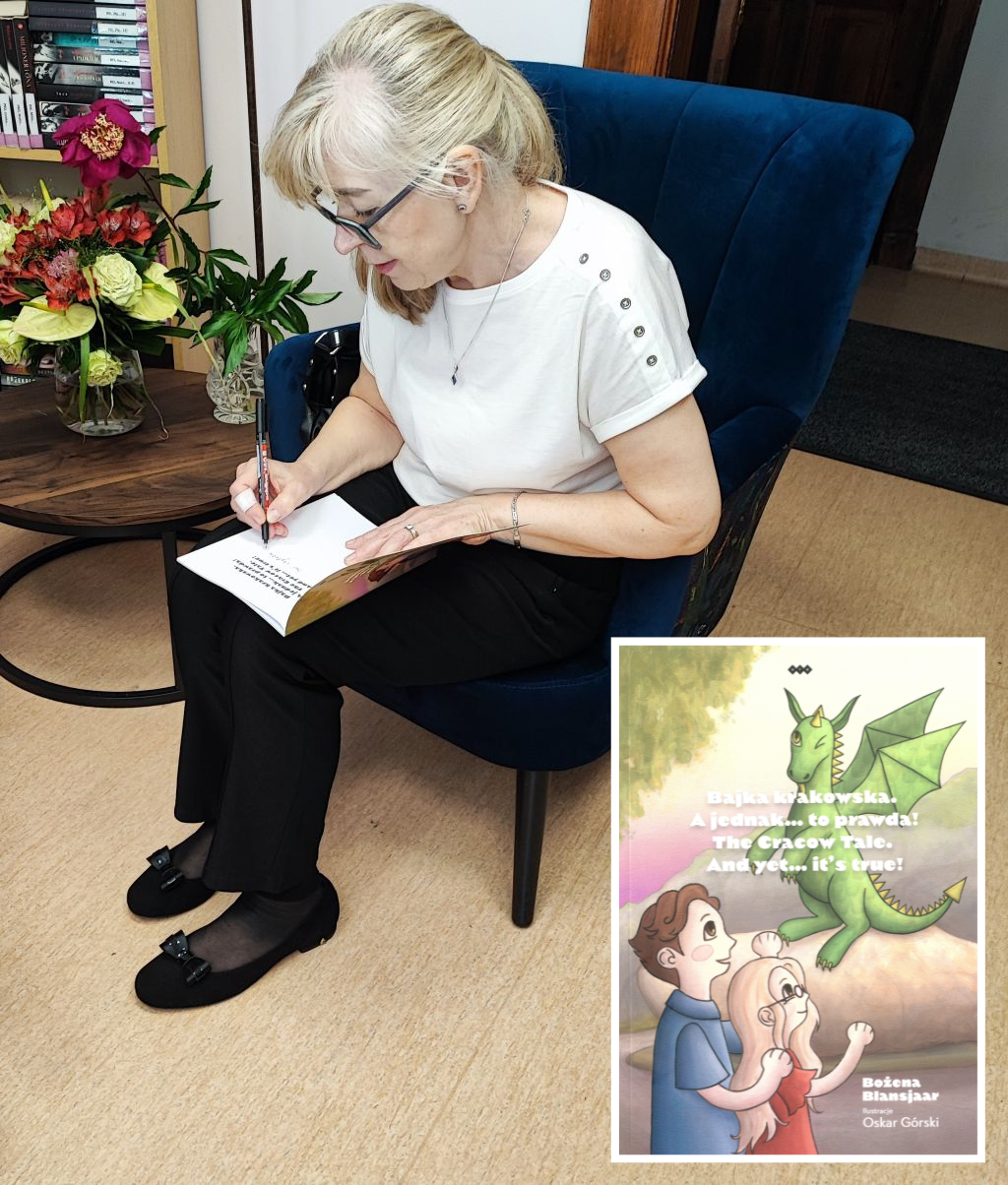 Pani Bożena Blansjaar podpisuje książkę. W prawym dolnym rogu okładka książki. Zdjęcie jest odnośnikiem do wpisu 