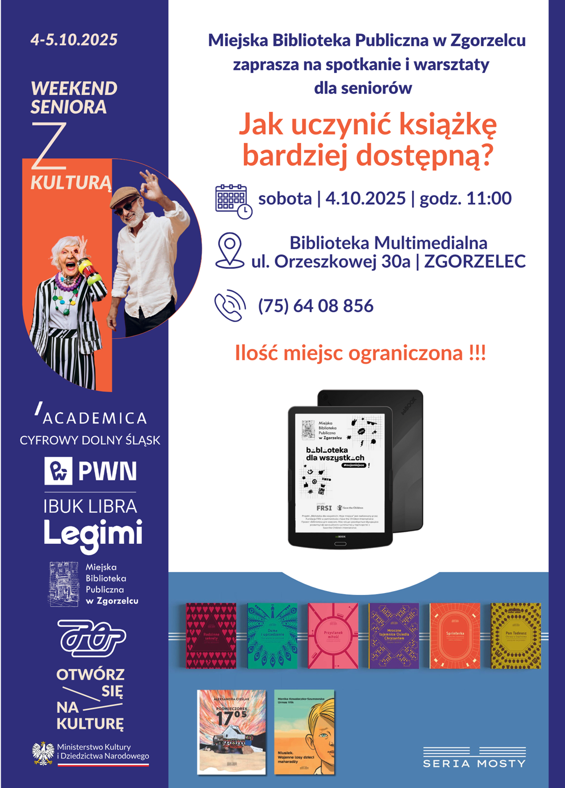 Plakat promujący spotkanie dla seniorów w Filii nr 1 pt. "Jak uczynić książkę bardziej dostępną?" 4 października 2025 r. o godz. 11:00. Plakat jest odnośnikiem do wpisu "Weekend seniora z kulturą - spotkanie w bibliotece".