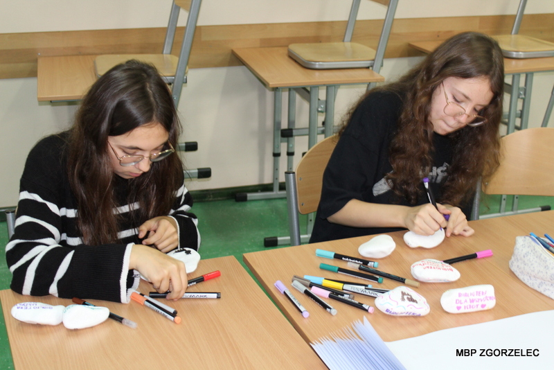 Uczestniczki projektu młodzieżówego ozdabiające markerami kamienie z mootywami zwierząt i hasłem "Biblioteka dla wszystkich istot"