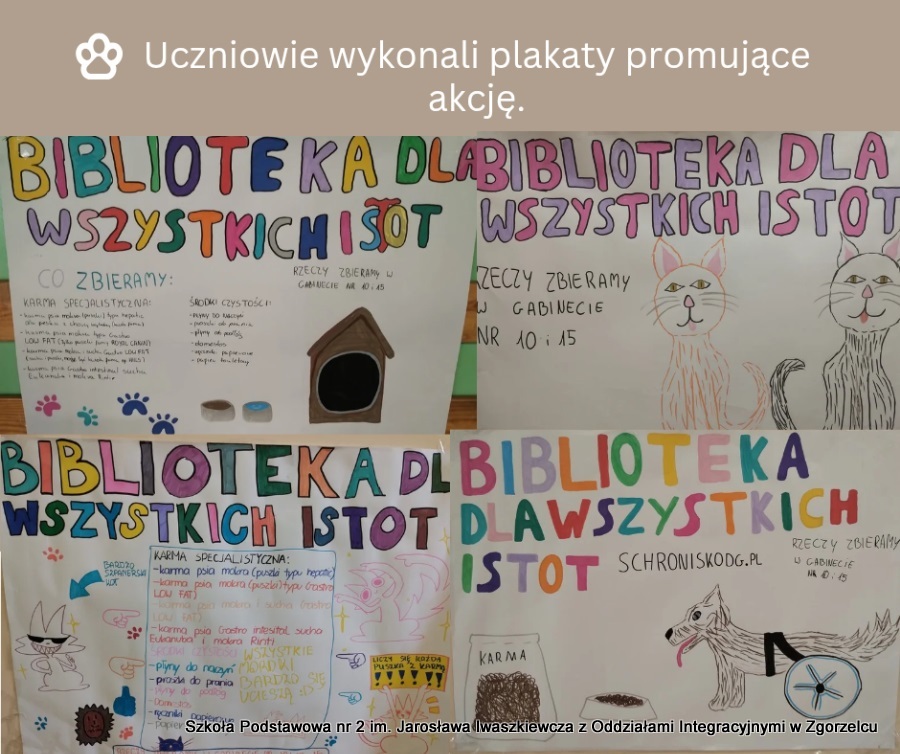 Kolaż zdjęć z plakatami promującymi akcję "Biblioteka dla wszystkich istot"