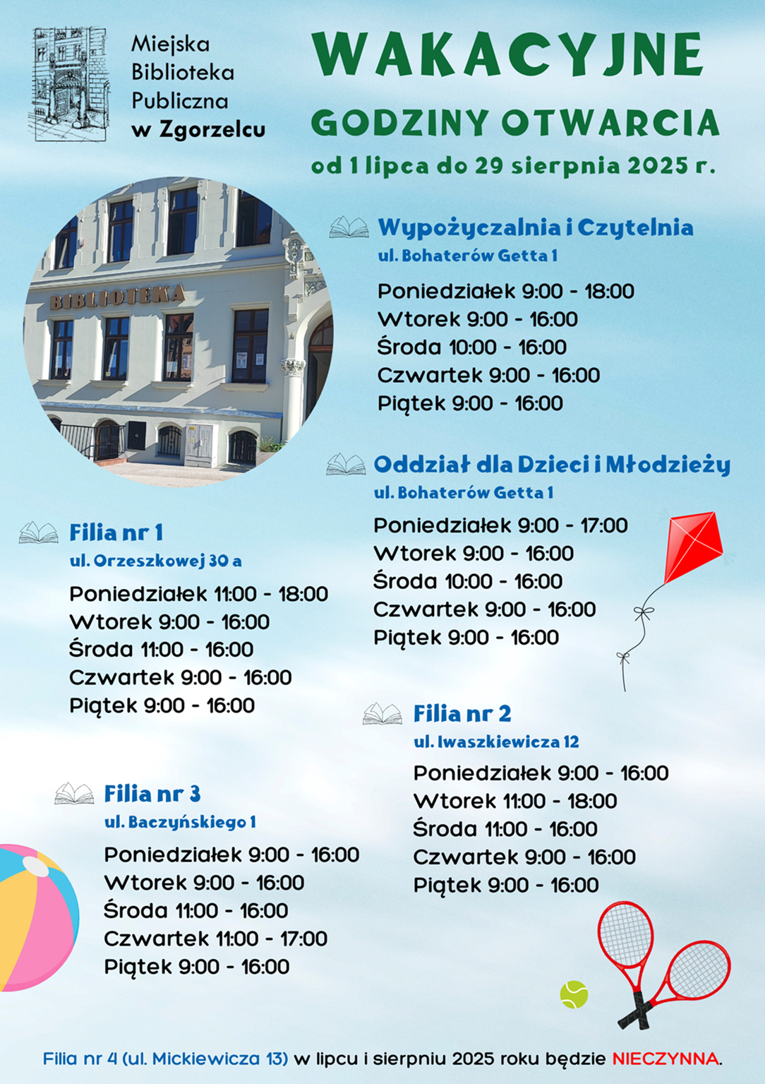 Wakacyjne godziny otwarcia Miejskiej Biblioteki Publicznej w Zgorzelcu od 1 lipca do 29 sierpnia 2025 r. 
