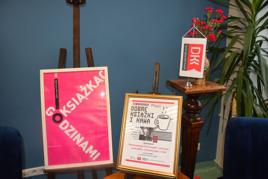 Walentynkowe spotkanie Dyskusyjnego Klubu Książki "Literiada" w&nbsp;Czytelni MBP dn. 14 lutego 2026 r. Gościem spotkania był Pan Bogdan Dmowski – animator kultury. Plakat spotkania DKK.