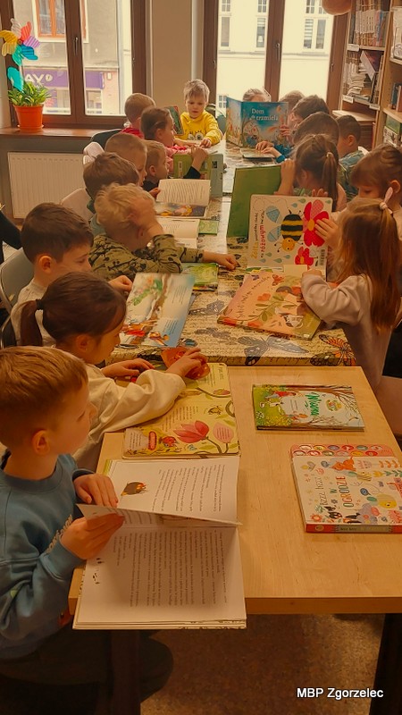 W jasnej sali biblioteki dzieci siedzą po obu stronach stołów i&nbsp;oglądają duże, kolorowe książki obrazkowe. Na blatach rozłożone są publikacje o&nbsp;zwierzętach, roślinach i&nbsp;wiosennych zjawiskach. Obok regałów z&nbsp;księgozbiorem widać okna wychodzące na ulicę. Uczestnicy kartkują książki, wskazują ilustracje i&nbsp;porównują znalezione informacje.