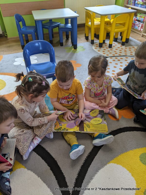 Dzieci siedzą na kolorowym dywanie w&nbsp;sali przedszkola, każde trzyma własną książkę z&nbsp;ilustracjami. Obok nich stoją małe kolorowe krzesełka, a&nbsp;z tyłu widoczny jest niski stół oraz półki z&nbsp;zabawkami i&nbsp;materiałami edukacyjnymi. Książki mają duże, kolorowe obrazki, które dzieci pokazują sobie nawzajem.