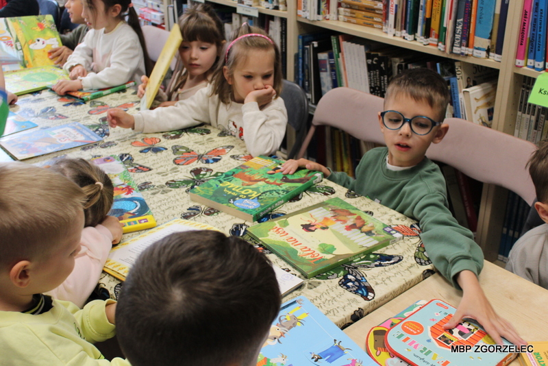 Grupa przedszkolaków siedzi przy stole w&nbsp;bibliotece i&nbsp;ogląda kolorowe książki dla dzieci. W&nbsp;tle widoczne są regały z&nbsp;księgozbiorem.