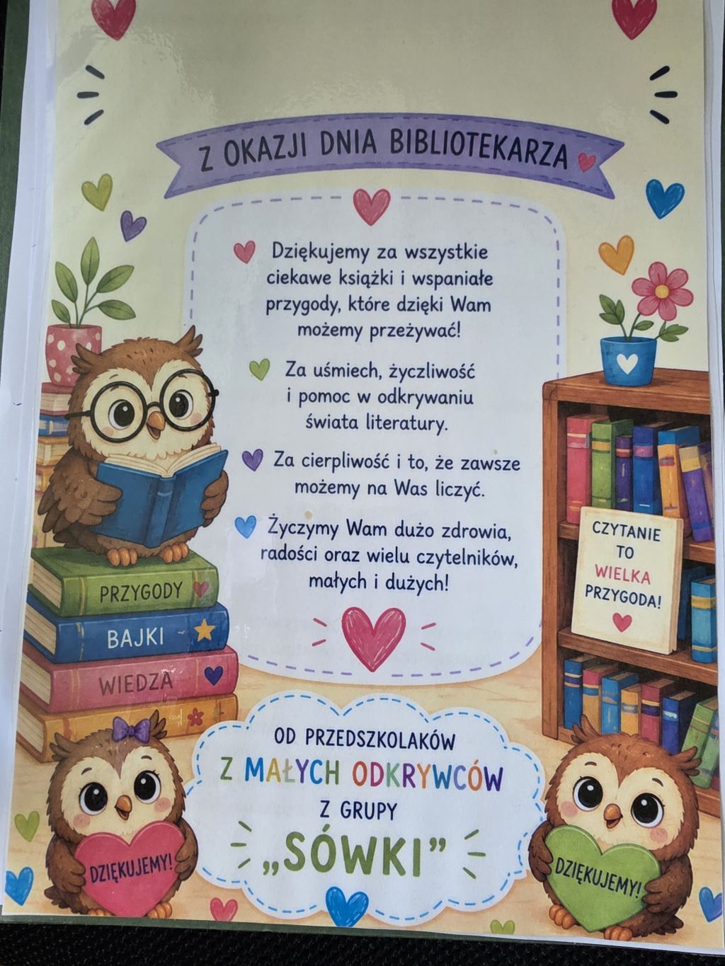 Spotkanie z czterolatkami w Filii nr 4 MBP w Zgorzelcu. Podziękowanie za przeprowadzone spotkanie Przedszkola Mali Odkrywcy. Zdjęcie jest odnośnikiem do wpisu "O dzieciach, które kochają książki".