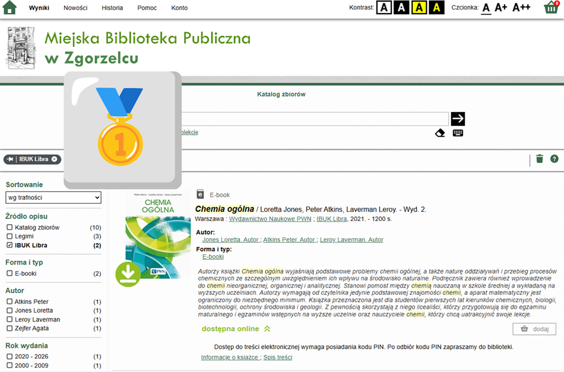 Katalog Miejskiej Biblioteki Publicznej w Zgorzelcu. Grafika jest odnośnikiem do wpisu o najczęściej czytanym e-booku w IBUK Libra.