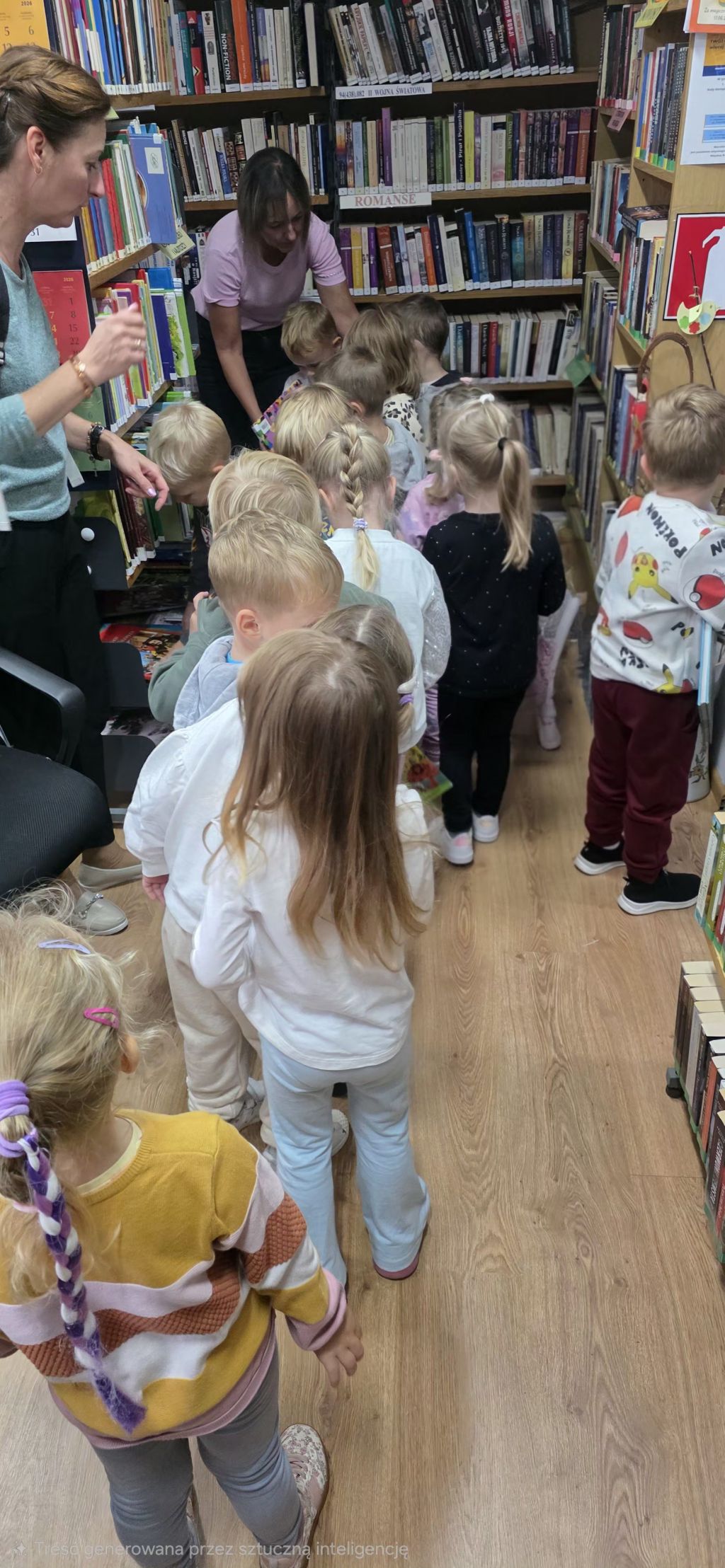 Spotkanie czterolatków w&nbsp;bibliotece. Filia nr 4. Zdjęcie edytowane przy użyciu AI.