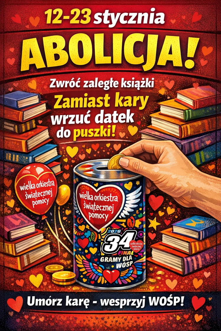 12 – 23 stycznia abolicja. Zwróć zaległe książki. Zamiast kary wrzuć datek do puszki! Umorz karę – wesprzyj WOŚP! Plakat jest odnośnikiem do wpisu o abolicji.